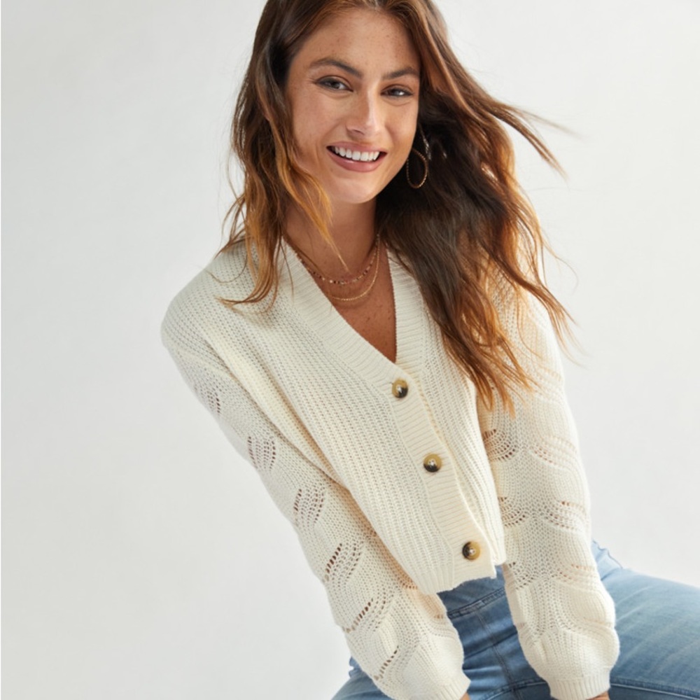 Francesca’s Jann Pointelle Button Front Cardigan - Cream, Size Medium